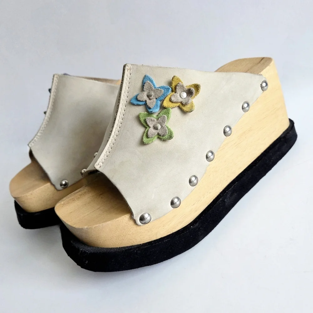 Thick Wood Platforms With Flower, Soft Floppy Leather Uppers & Silver Studs 7.5
